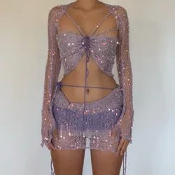 Ensemble jupe et robe tricotés à paillettes pour femmes, crochet avec paillettes, court sexy, robe élégante en Y, vêtements d'hiver, tenue 2 pièces, 2023