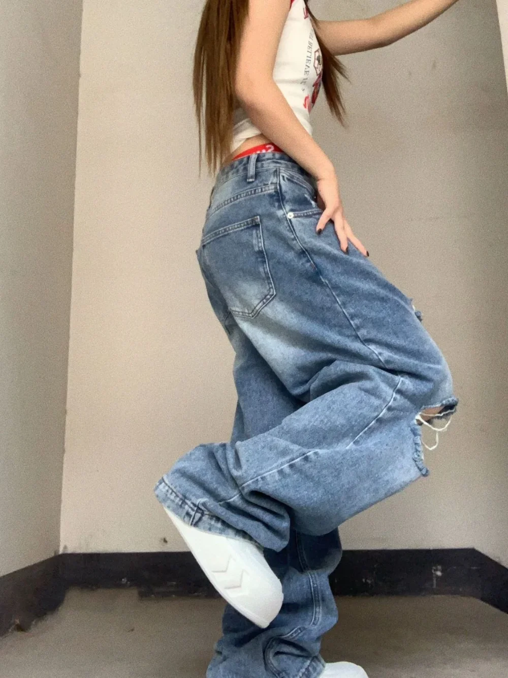 Zerrissene Jeans für Frauen gerade baggy schlanke breite Leglow Taille Jeans Slouchy Streetwear Blue Jeans für Frauen Lowrise Hosen y2k