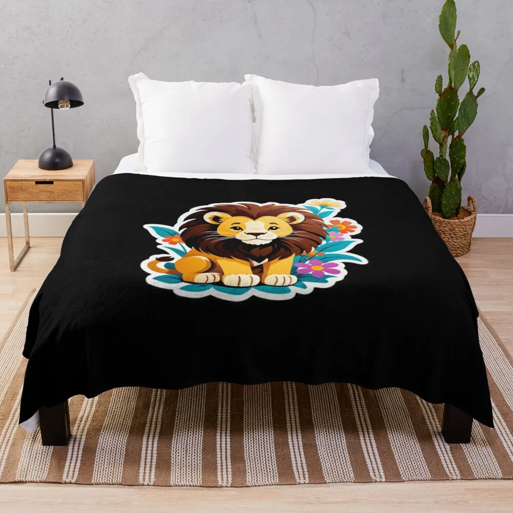 

cute cartoon lion with colorful flowers Throw Blanket heavy to sleep Beautifuls Flannel Fabric for sofa Blankets