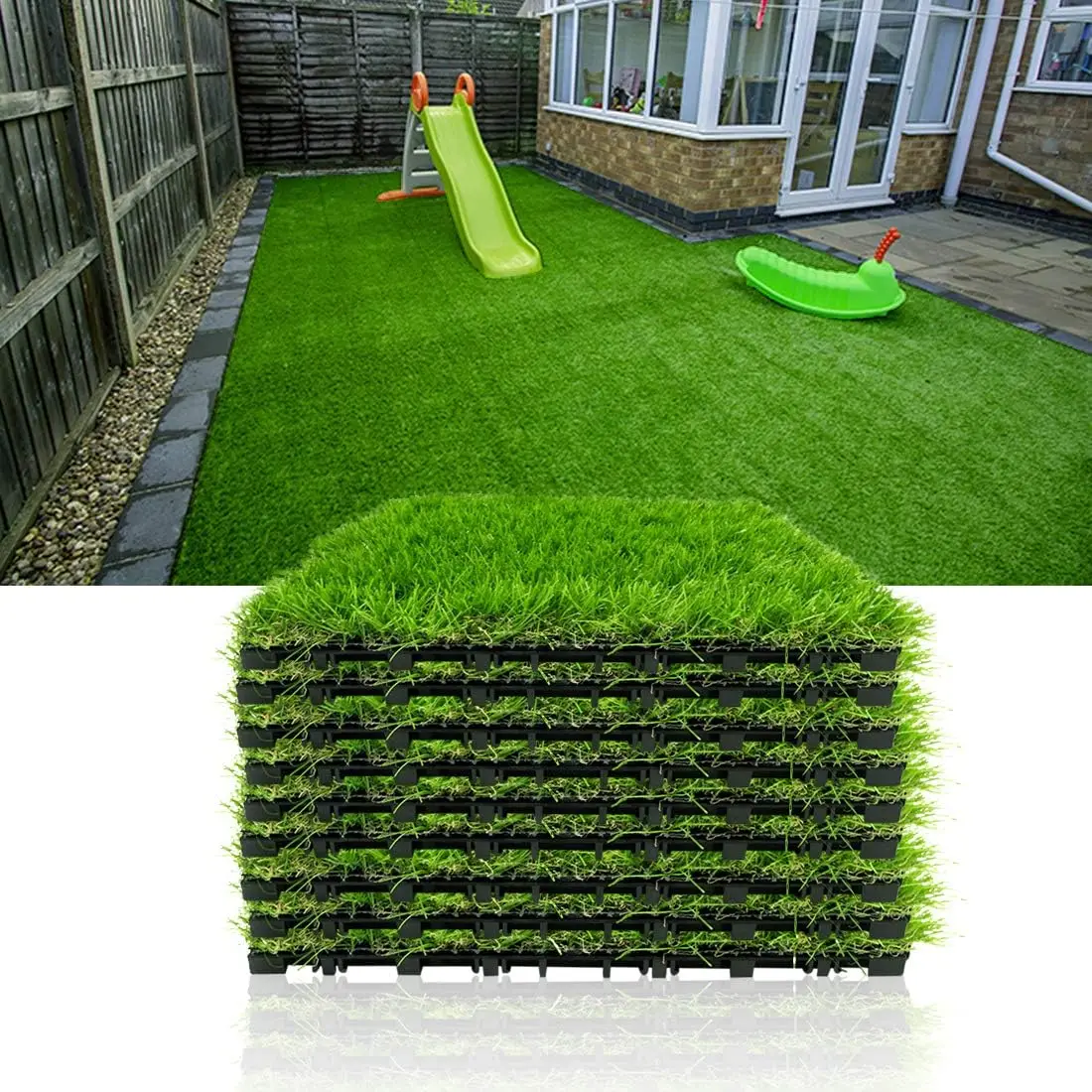 Artificial Grass Turf Tile Fake Grass Flooring Mat Interlocking Self-Draining 12''X12'', 1.7'' Height (1.38In Grass)