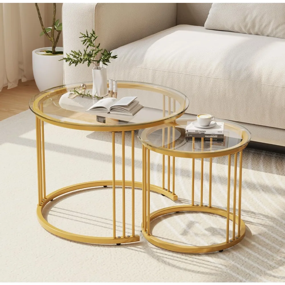 

4 Nesting Coffee Table, 23.6 Round Coffee Table Set of 2, Glass Nesting Table with Metal Frame