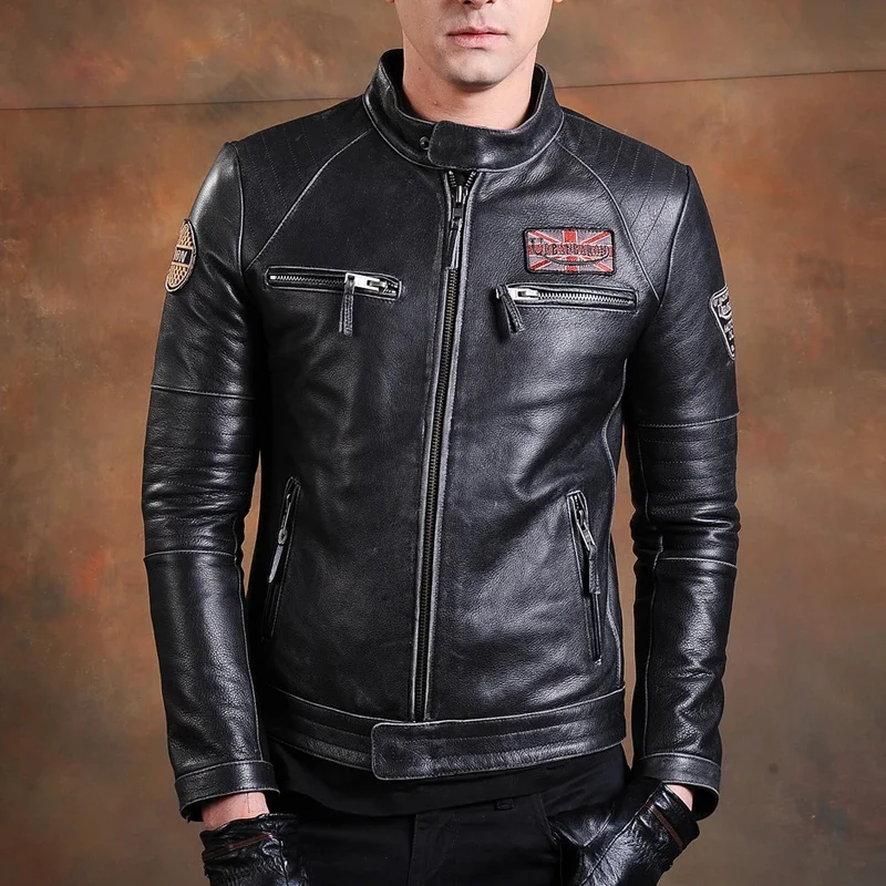 Genuine Men Leather Jacket Slim 100% Natural Cowhide Coat Fashion Biker Jackets Vintage Real Motorcycle Clothing