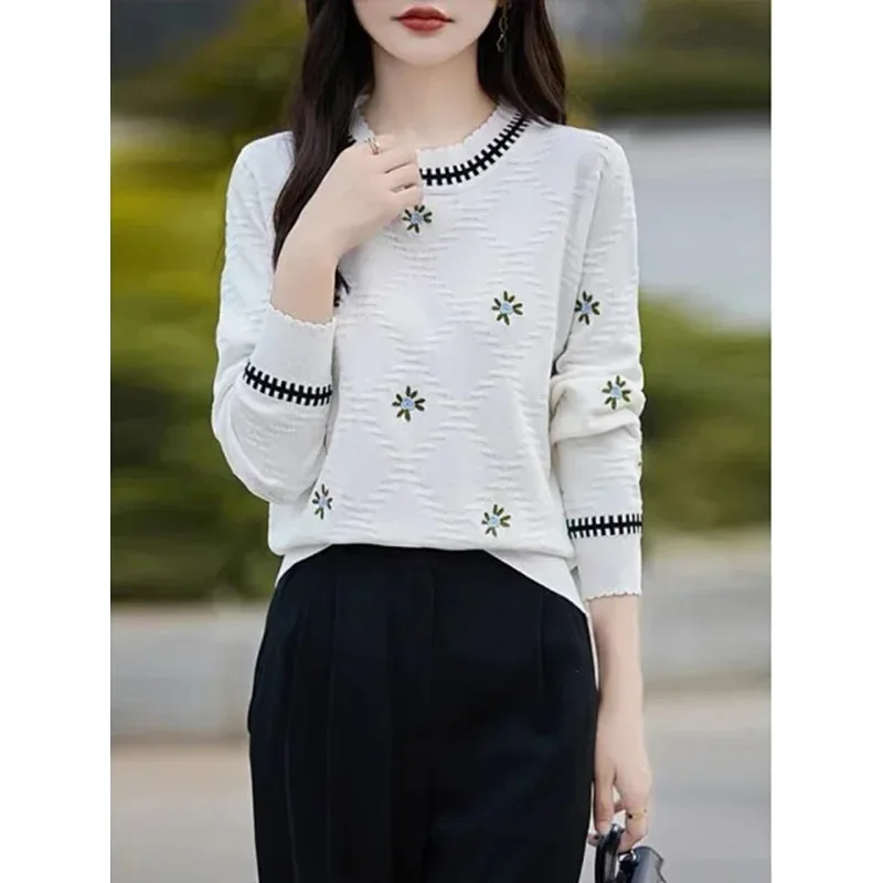 Women Floral O-neck Loose Knitted Pullovers Autumn Winter Commute Elegant Warm Knitwear Tops Soft Comfort Wool Sweaters