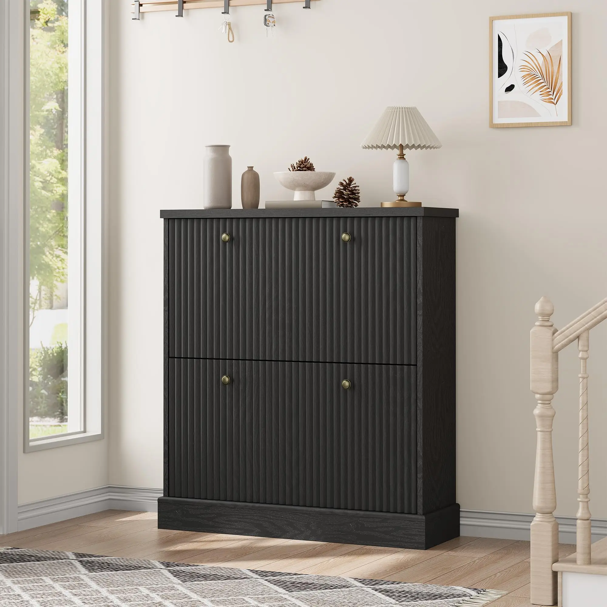 Schoenenkast met 2 draaibare laden, smalle schoenenorganizer voor de entree, verstelbare, uitneembare planken voor gang en hal