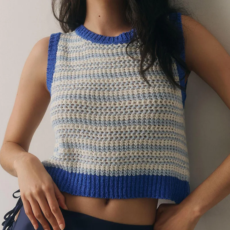 

2025 New Back Tie Vest Sweater Short Round Neck Sleeveless Loose Top for Women