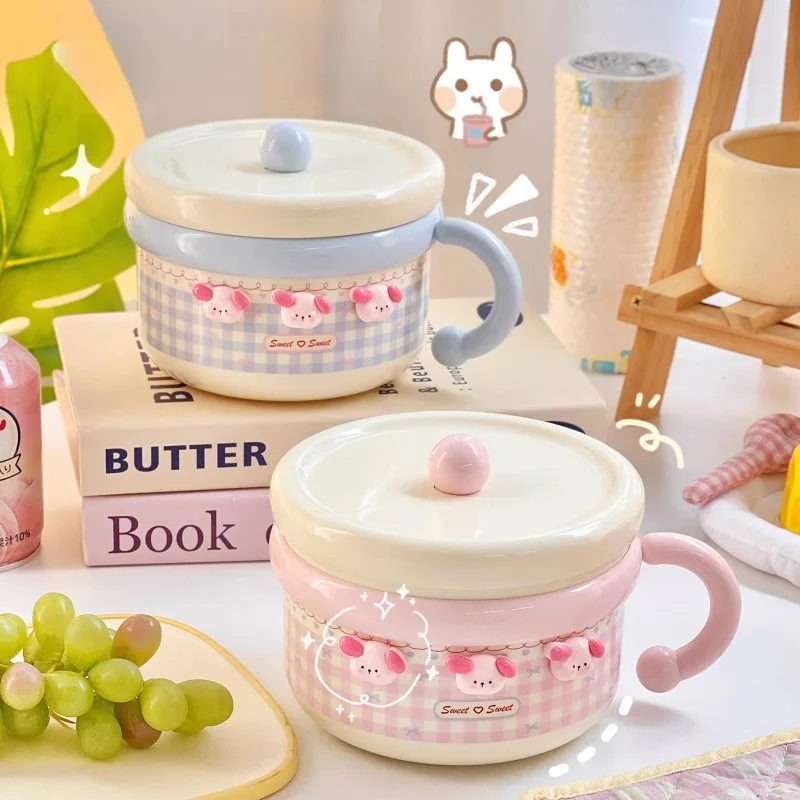 Cute Stainless Steel Ramen Bowl With Lid Kawaii Large Instant Noodles Fruit Salad Rice Soup Bowl Kitchen Tableware Women Gift