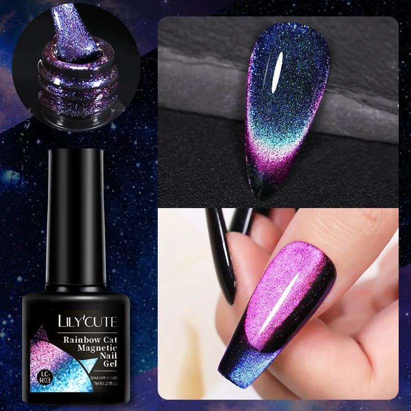 LILYCUTE 7ml Arcobaleno Gatto Gel magnetico Smalto per unghie gel glitter colorato Soak Off Nail Art Vernice gel UV Base nera necessaria