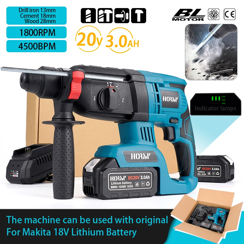 

18V 4500BPM Brushless Cordless Rotary Hammer Drill Rechargeable Function Electric Hammer Impact Drill For 18V Makita Battery