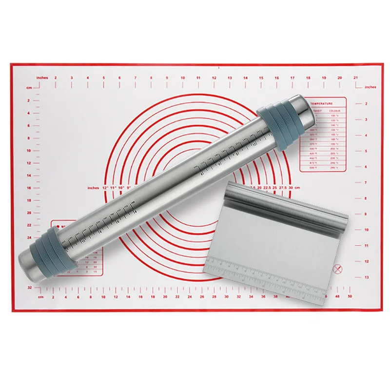 

3Piece Set 430 Stainless Steel Rolling Pin With Scale,Roller Baking Tool Set,Slicing Knife,Kneading Silicone Flour Pad Set