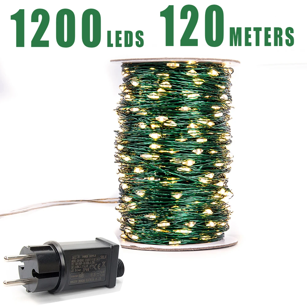 Zielony kabel LED String Lights Świąteczne lampki świąteczne Girlandy zewnętrzne Wodoodporna girlanda choinkowa Świąteczna dekoracja świąteczna