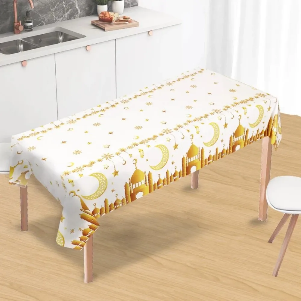 VIKAMA Moon Gold Print, Muslim Ramadan Festival Tablecloth, For Kitchen, Dining Room, Holiday Home Decor, Dirt-Proof & Washable