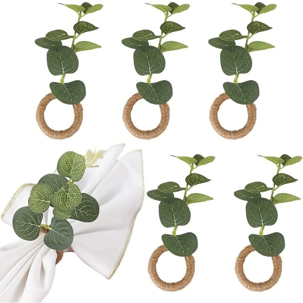 

Eucalyptus Napkin Rings Set of 6,Hand Woven Napkin Holder,Boho Green Leaf Napkin Rings for Christmas Spring,Summer,Easter,Weddin