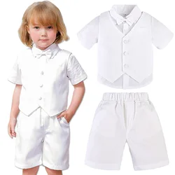 Christening Outfit for A Boy White Wedding Suits Set Baptism Brithday Party Cloting Short Sleeved Shorts Gentleman Costume 3PCS