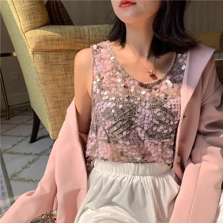 Korean Spring and Summer New Women Sequins Camisole Women Wear Sleeveless Short Style Outside, Foreign Style Inside, Fashion Top