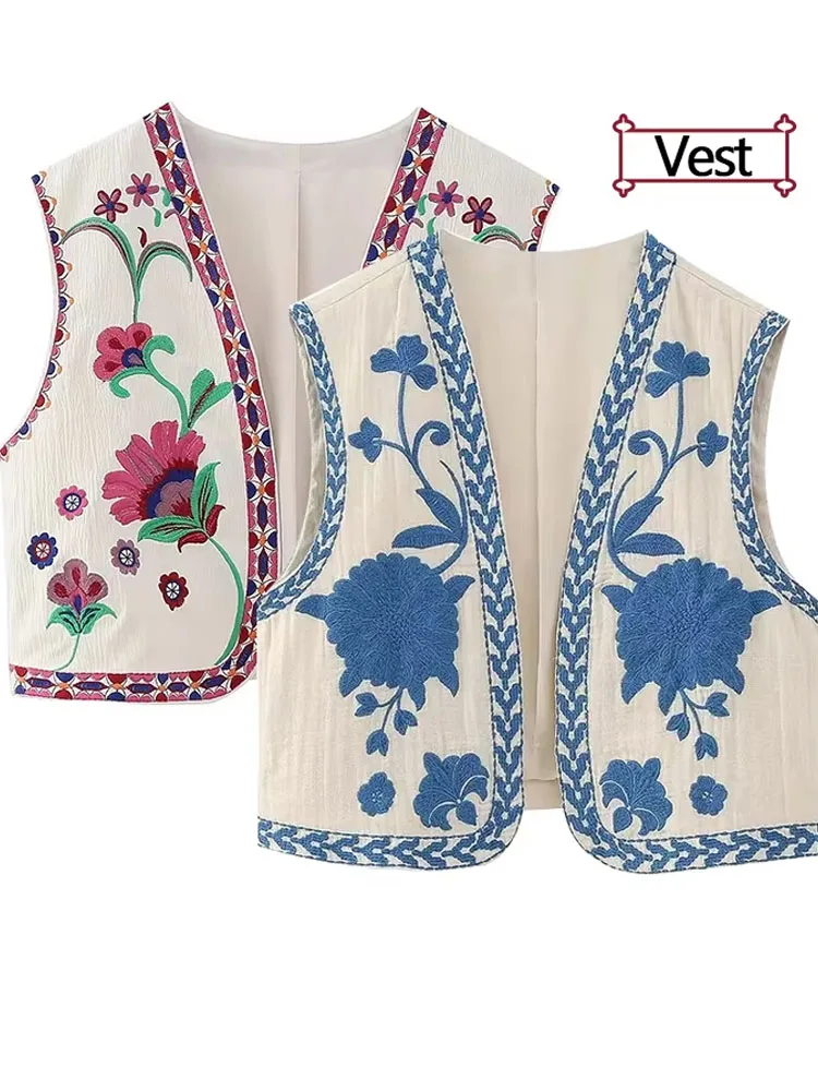

Summer Women Blue + Pink Floral Embroidery Cardigan Vest V Neck Crop Tops Woman Versatile Casual Loose Tops Streetwear