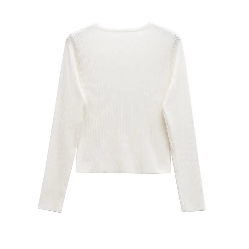 ฤดูใบไม้ผลิ 2025 ผู้หญิง Faionable Ribbed รอบ Ne ยาว Sve SLIM FIT ถัก Jaet ใหม่มาถึงเดินทาง Sle ความยาวปกติ