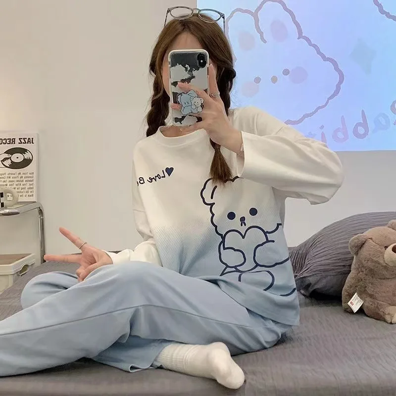 2PCS/Set Young Girl Spring and Fall Pajamas Long-Sleeved Fashion Casual Simple Cartoon Bear Print Homewear Floral Women Clothes