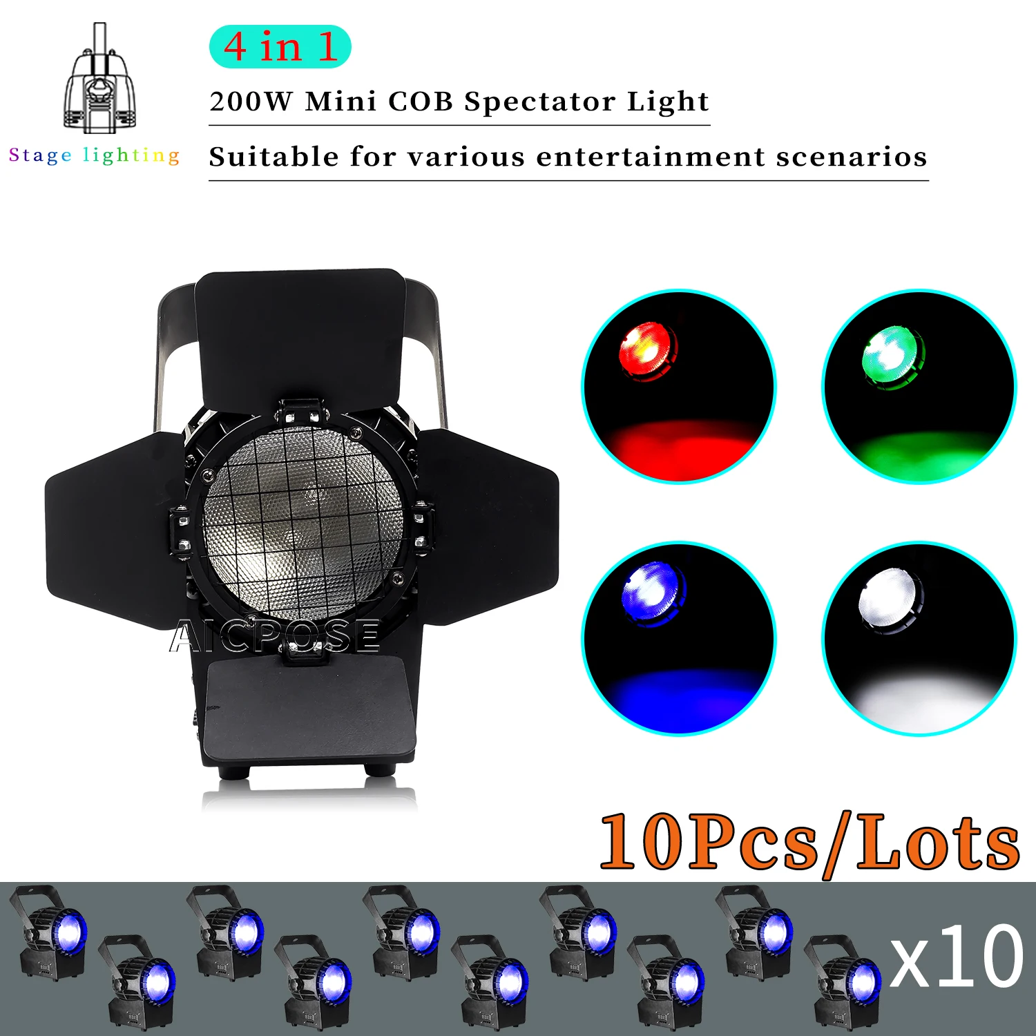 10Pcs/Lots 200W RGBW 4in1 LED Stage Light Mini COB Audience Light Cool White/Warm White Light DJ Disco Dance Floor Lighting