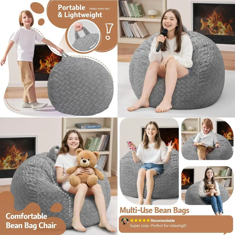 

2T Capacity Adult-Sized Bean Bag Chair with Memory Foam and Chevron Plush Grey Cover