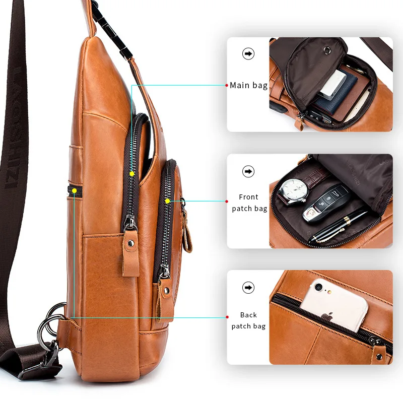 New 100% Genuine Leather Chest Bag Men\'s Fashion Style Casual Crossbody Bags With USB Large Capacity Men\'s shoulder bag