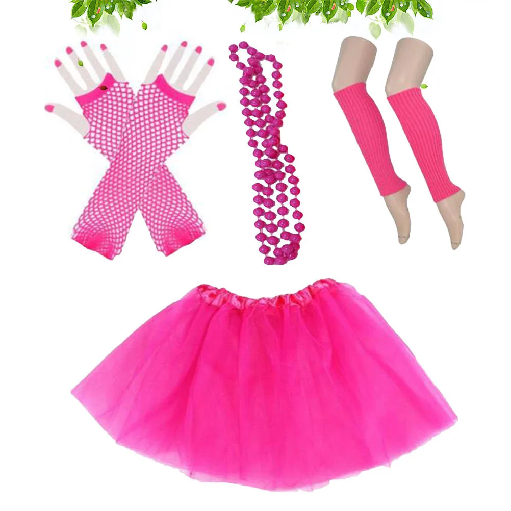 อุปกรณ์เสริมชุดปาร์ตี้ยุค 80 ถุงมือตาข่ายแบบไม่มีนิ้วประดับลูกไม้ สร้อยคอลูกปัดนีออน กระโปรงบัลเลต์ ผ้าคลุมขาสำหรับชุดแฟนซี