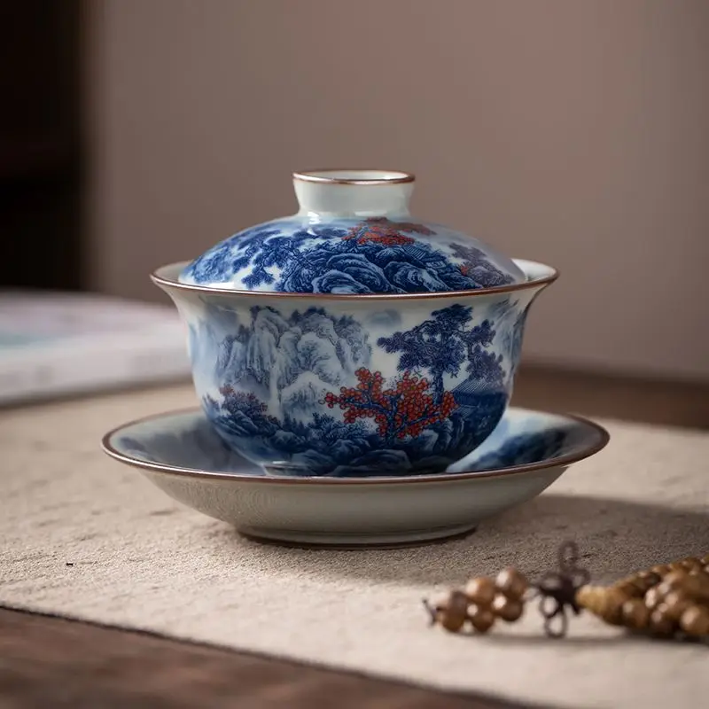 Jingdezhen Old Clay Underglaze Blue White Thousand Miles Landscape Sancai Gaiwan Single Crackle Glaze Nurturable Tea Cup Gift