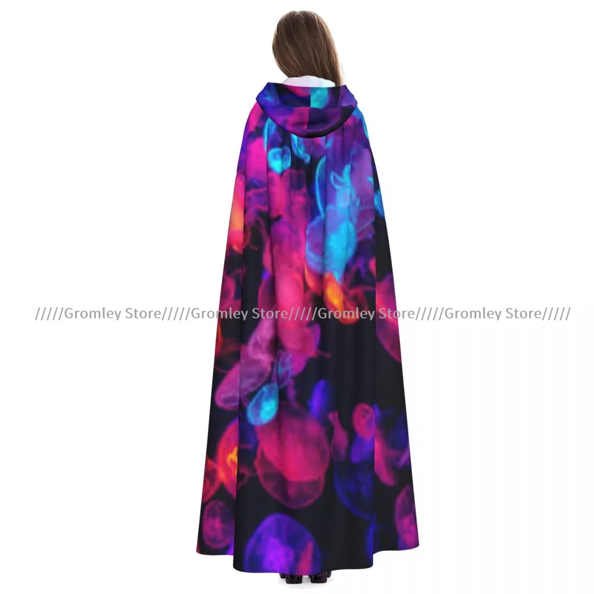 Adult Colorful Jellyfish Cloak Cape Hooded Medieval Costume Witch Wicca Vampire Halloween Costume Dress Coat