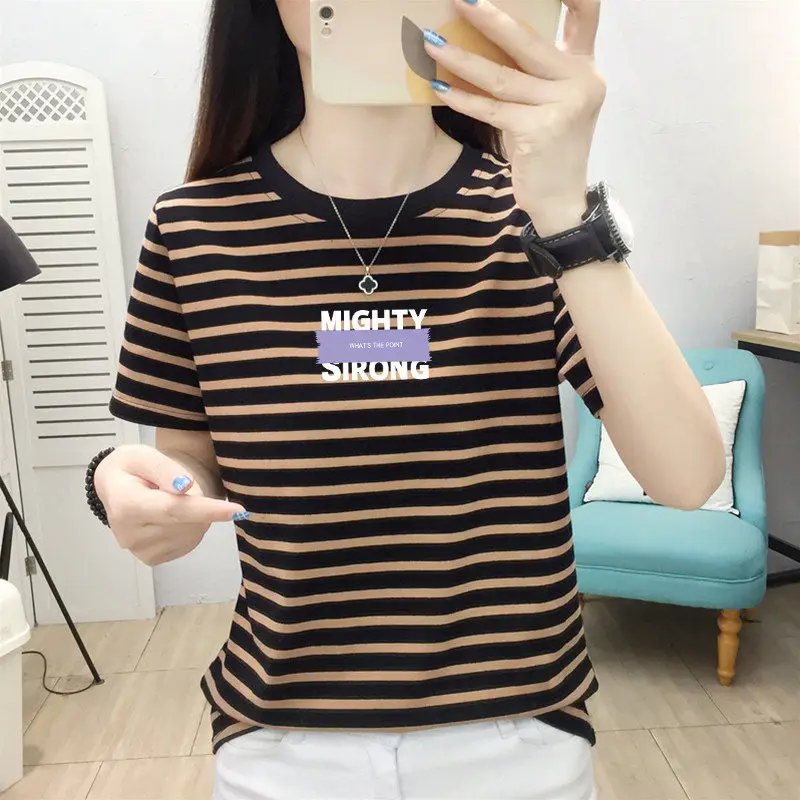 Summer New plus Size Women's T-shirt Loose Fit Short Sleeve Striped Top Belly Covering Slimming Effect Fashionable Casual Wear