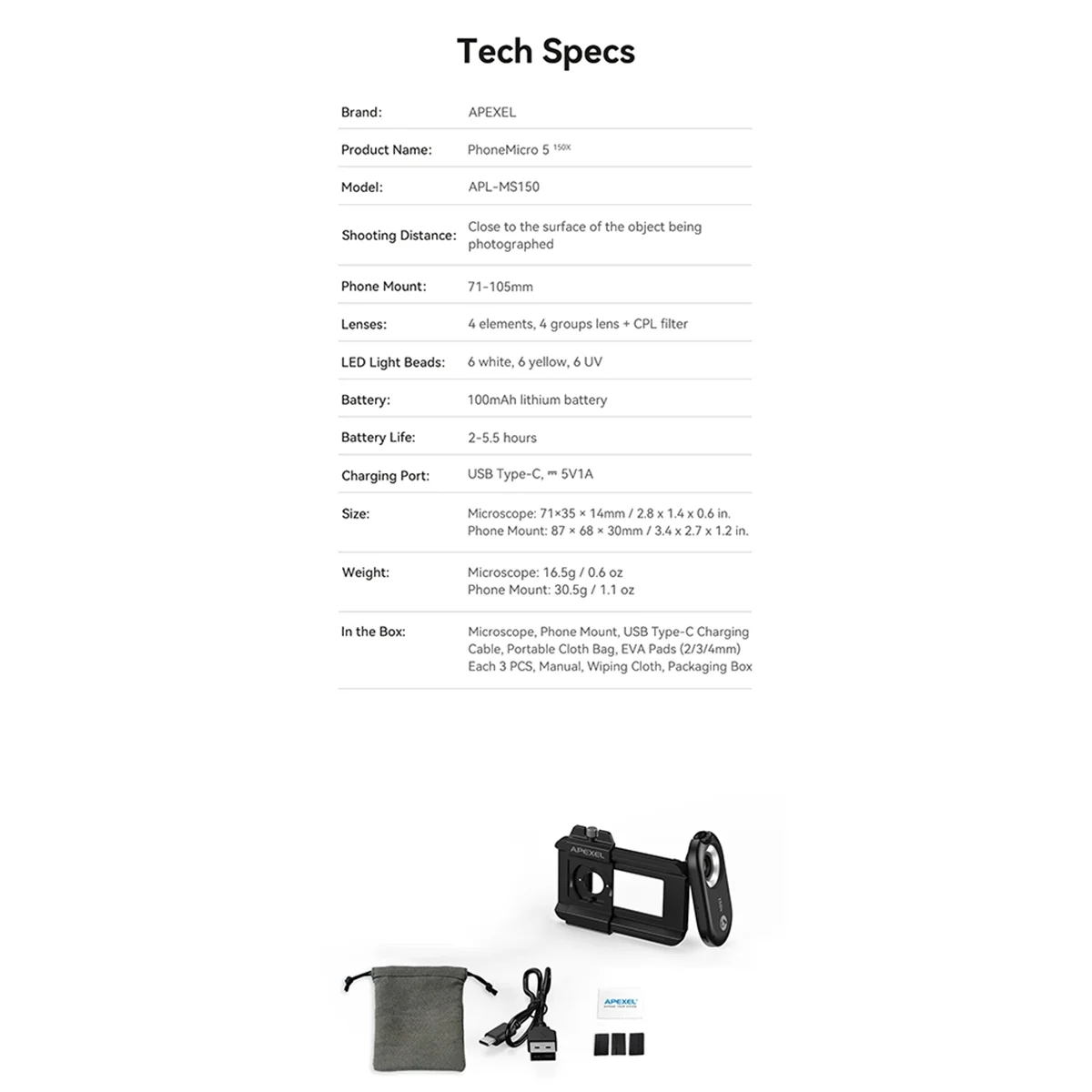 

M85K MS150 Портативная 150X лупа для микроскопа для мобильного телефона HD Обнаружение света для мобильного телефона CPL Универсальная