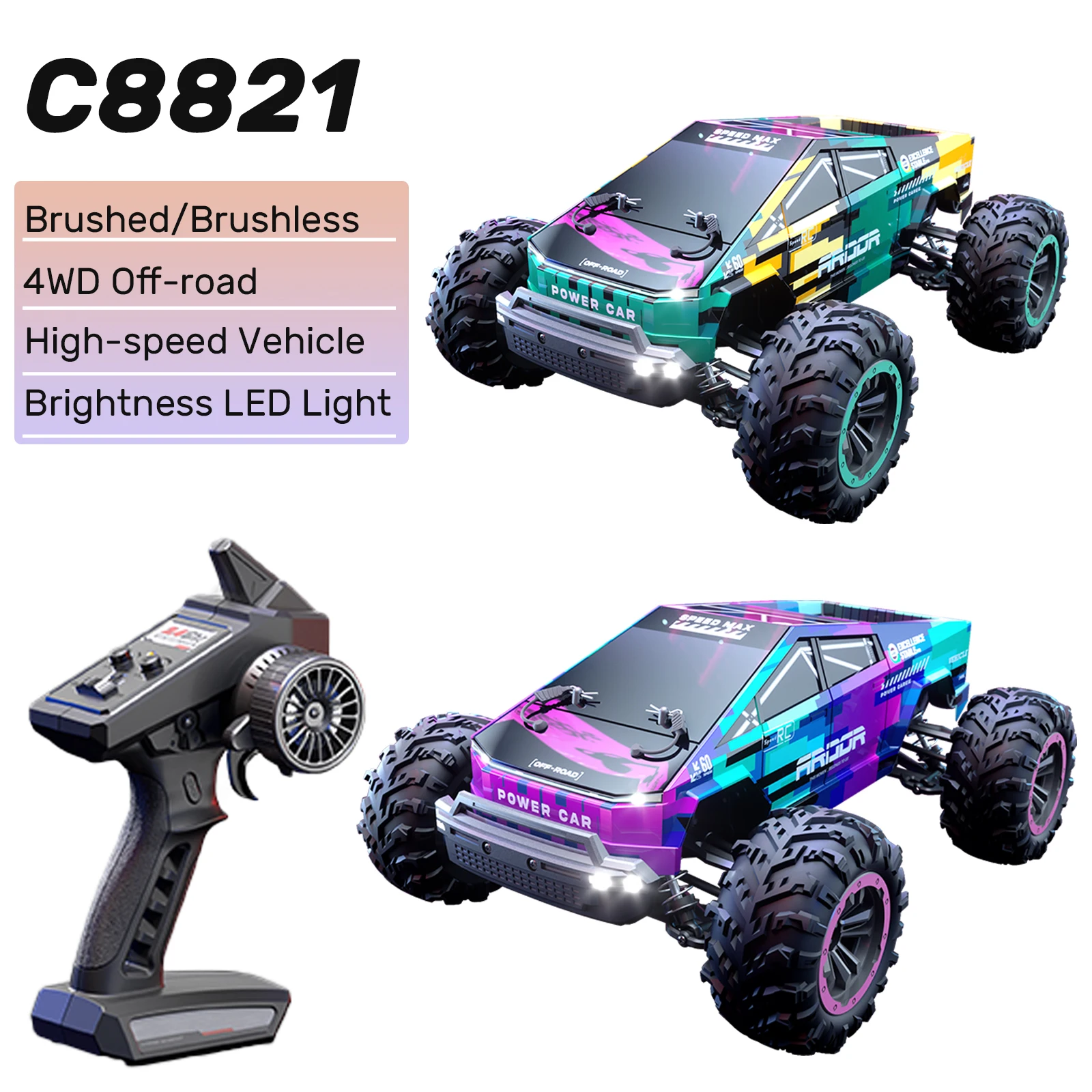 

C8821 RC Car 4WD Off-road 2.4G Remote Control Vehicle Brushed/Brushless Climbing Crawler Model with LED Lights Toys for Children
