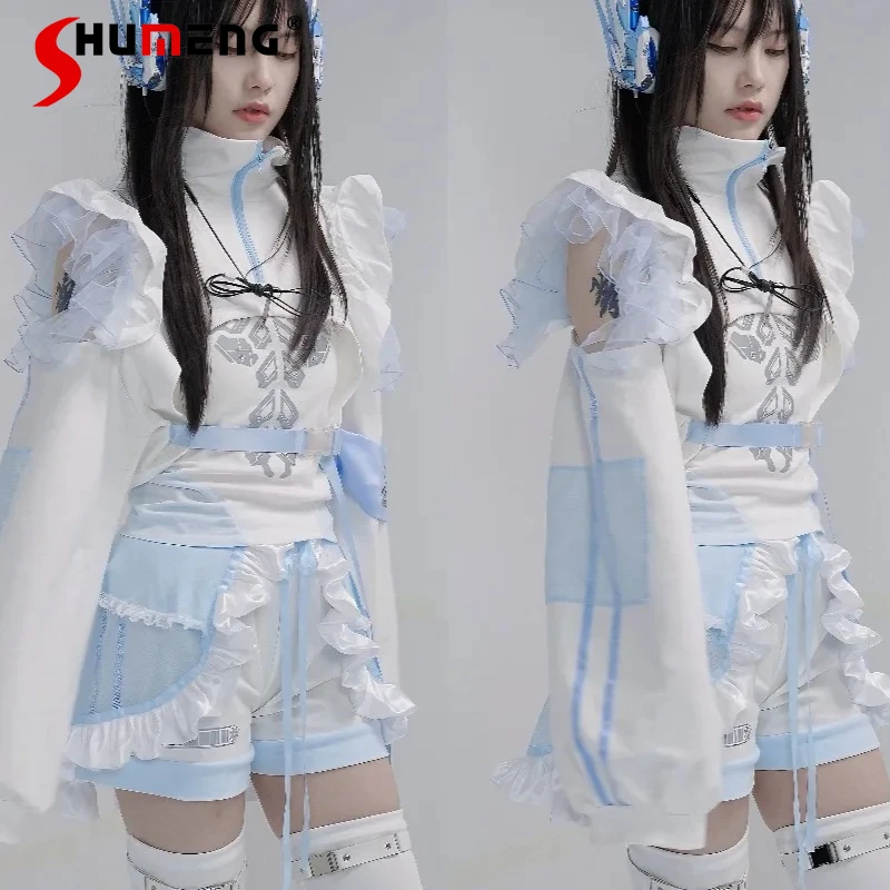 Autumn Japanese Style Cool Mechanical Blue White Watercolor Short Coat Vest Shorts Three-Piece Sets Women's Cute Cool Outfits