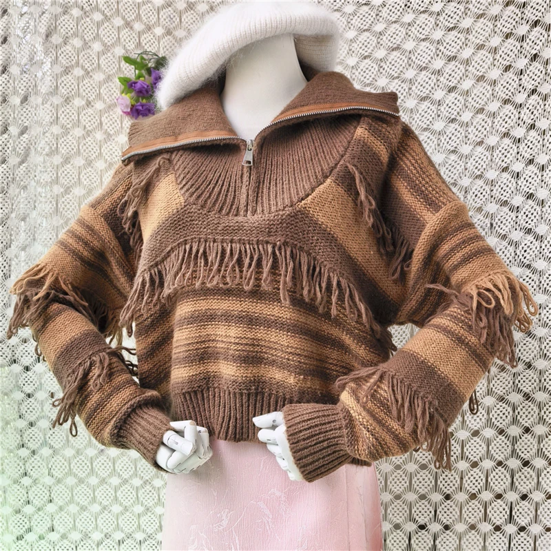 Ladies Women Spring Autumn Fashion Wool Blended Cute Peter Pan Collar Tassel Long Sleeves Loose Pullover Sweater Jumper Pull Top