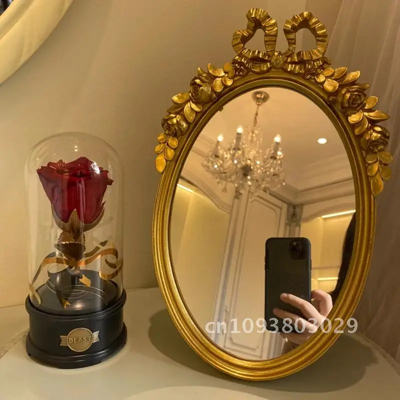 Stand Desktop Mirror Large Home Decoration Elegant Environmentally Gold Vintage Baroque Wall-Mounted Mirror for Bedroom Artistic