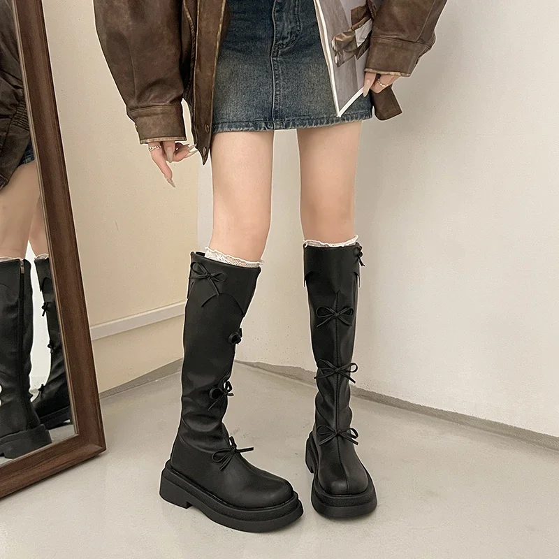 Winter Thick Sole Woman Short Plush High Boot Fashion Butterfly-knot Back Zippers Shoes Women's Slim Knight Long Booties