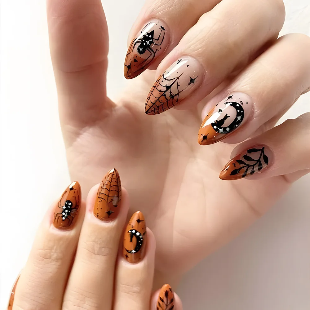 Preto e prata unhas postiças para meninas, 24pcs, pó brilho, teia de aranha, desenho do sangue, arte do prego