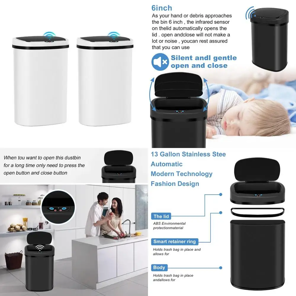 

Touchless Motion Sensor Kitchen Trash Can, 13 Gallon Capacity, Automatic Lid, Hygienic Odor Control, Waterproof Garbage Bin for