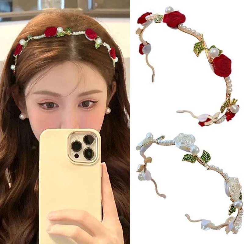 Elegant Velvet Rose Headband Hair Accessories Headdress Girls Vintage Metal Flower Pearl Red White Rose Tiara Hairbands