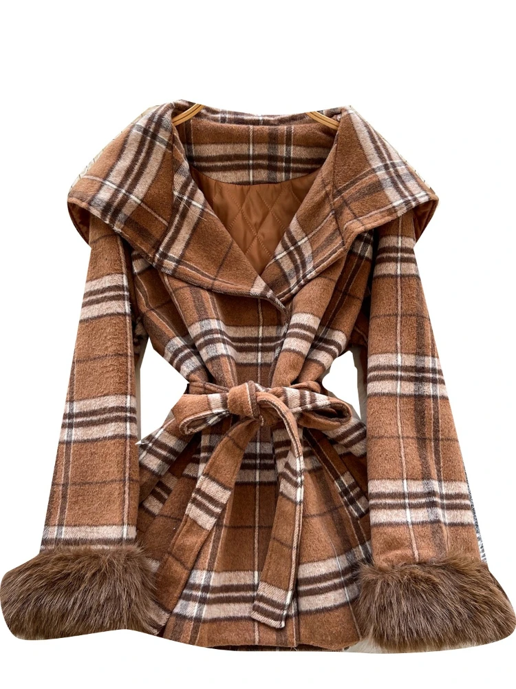 Manteau en laine à carreaux pour femmes, Vintage français Chic, Slim, ceinture à la taille, revers, manches longues, poignets en fausse fourrure, chaud, élégant, bureau, hauts décontractés