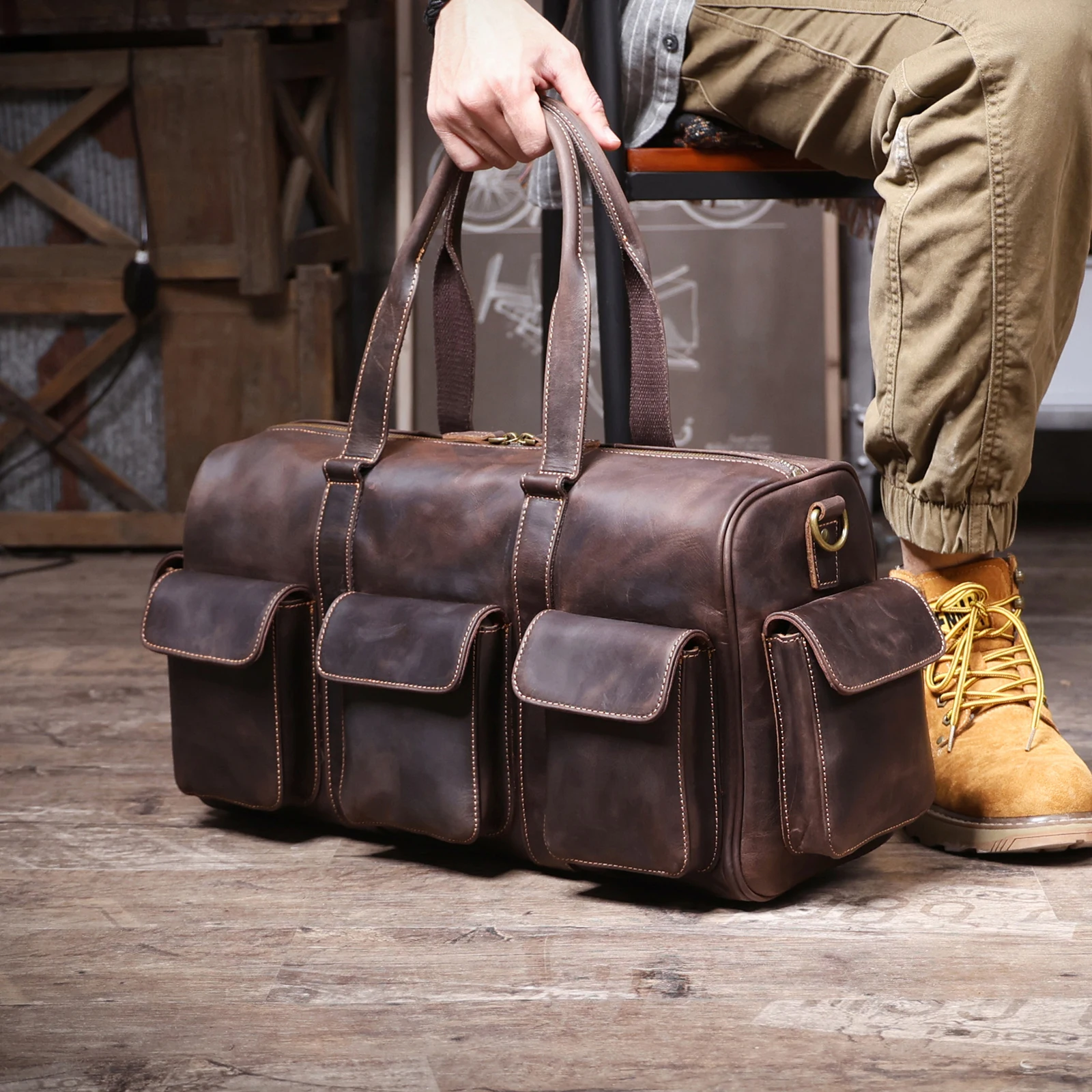 S.WORKER Große Kapazität Echtleder Vintage Rindsleder Reisetasche Weekender Herren Reisetasche Sporttasche Retro-Stil – Detail 4
