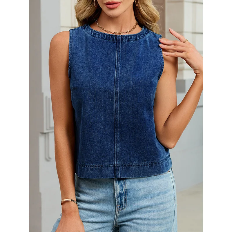 Benuynffy Casual Round Neck Denim Vest Women Summer 2026 New Fashion Vintage Solid Color Back Zipper Short Jean Tops Female view 3