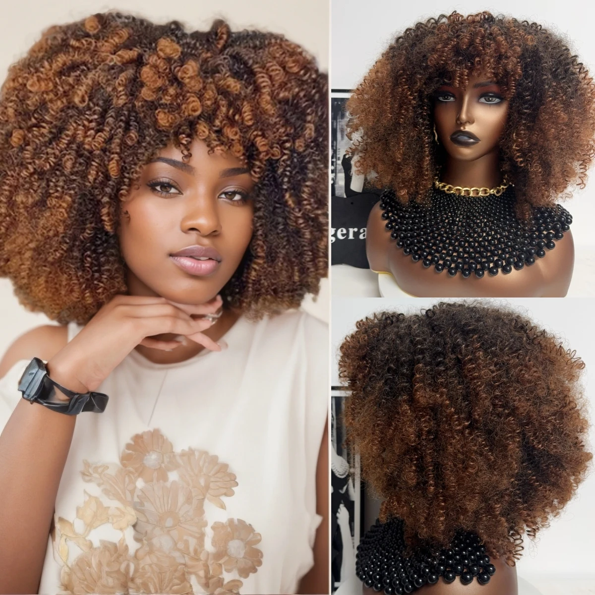 

Wigera Synthetic Curly Wigs For Black Women Ombre Brown Afro Curly Wig With Bangs #1B/30 Short Kinky Curly Wigglueless