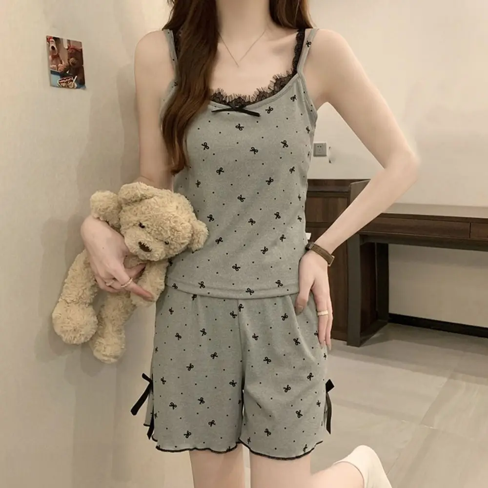 Dot Lace Bowknot Pajama Suit with Pads Square Neck Shorts Camisole Nightdress Women Homewear Slim Fit Lace Sleepwear Sets Gifts