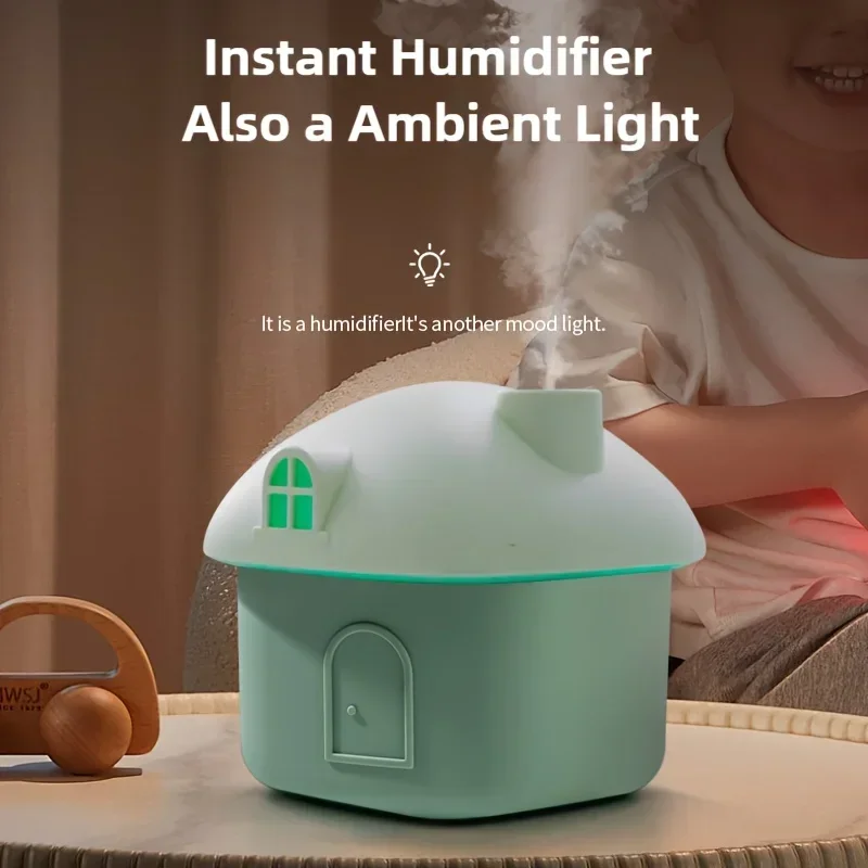 

USB Powered Mini Snow House Humidifier Quiet Moisturizing Humidifier Desktop Small USB Silent Home Bedroom Rainbow Light