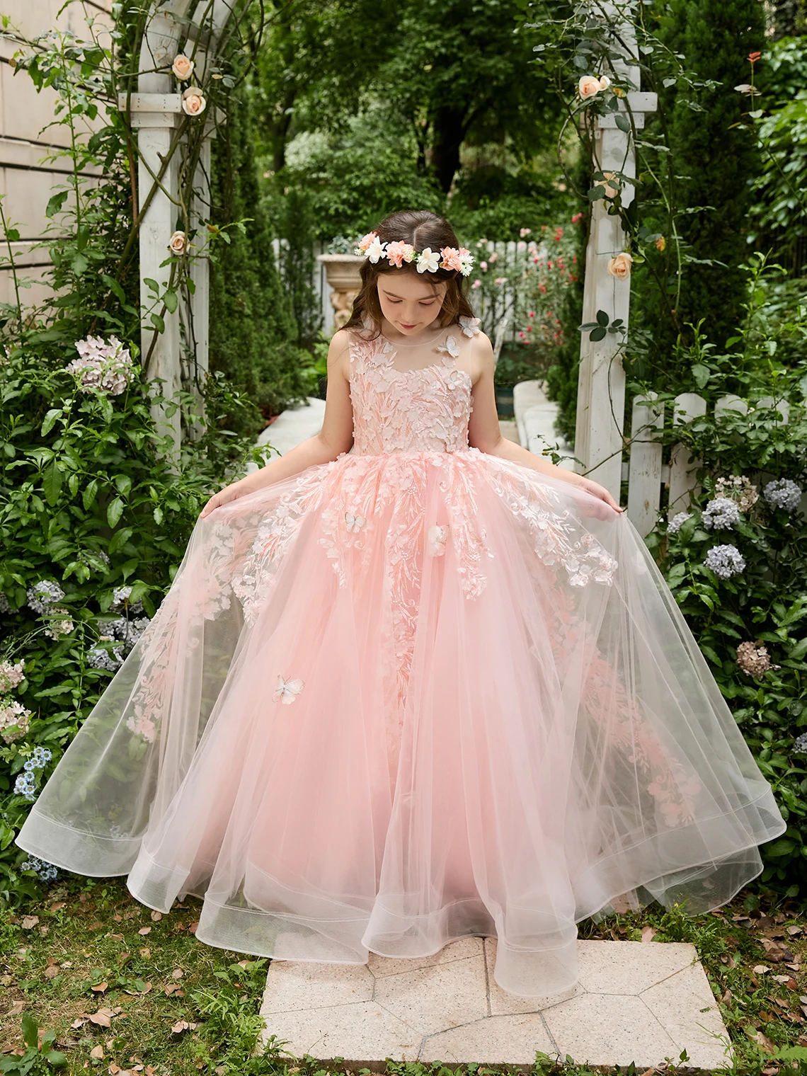 FATAPAESE Ball-Gown/Princess senza maniche pizzo raso Tulle Flower Girl abiti Pageant Girls Birthday Dresses Princess Dress Up