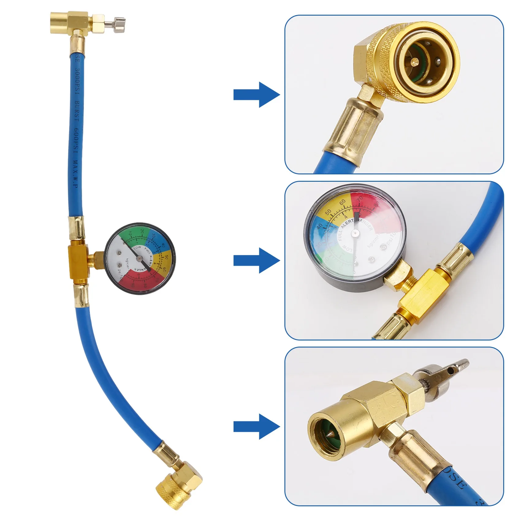 #06T Air Conditioning Pressure Gauge,R134A Car Ac Refrigerant Charge Hose Kit Recharge Hose With Gauge (Red & blue & yellow)