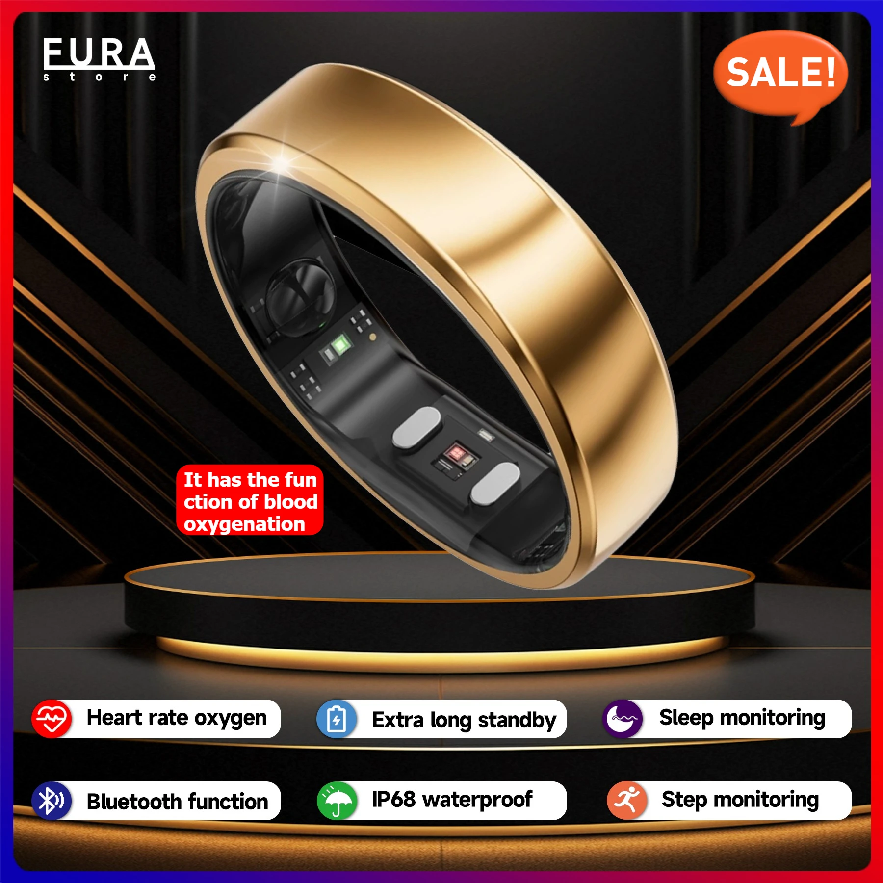 Nieuwe slimme ringslaaphartslag- en bloedzuurstofmonitor IP68, Bluetooth, waterdicht, meerdere trainingsmodi, Android en IOS