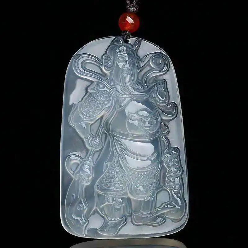 Natural Ice White Chalcedony Jewelry Guan Gong Pendant Jade Crystal Men's Square Brand Domineering Charms God of Wealth Guan Yu