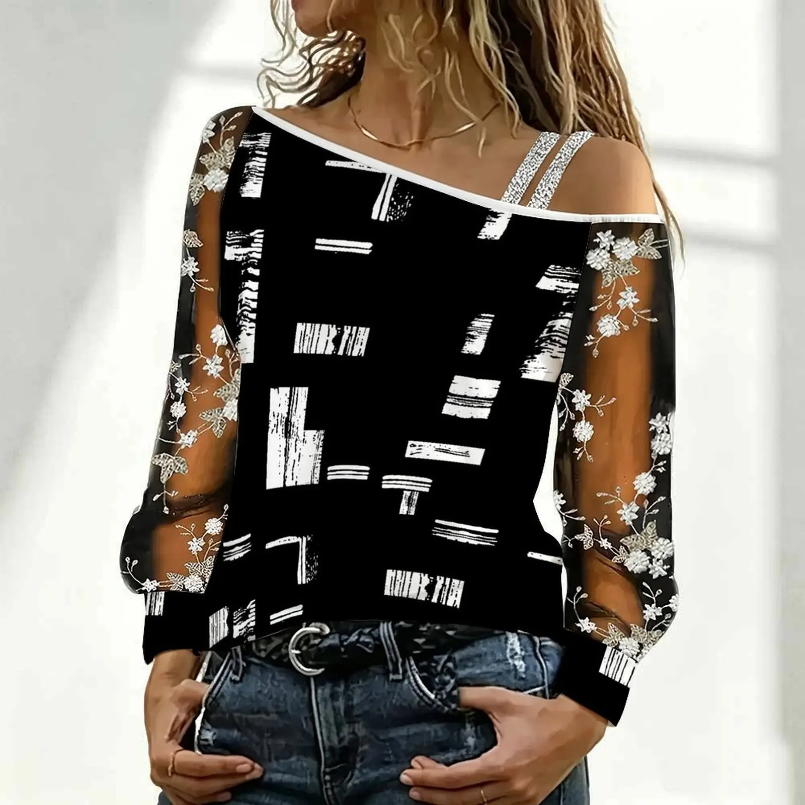 Plus Size Winter Women's Off-Shoulder Top Fashion Long Sleeve Oblique Shoulder Tee Autumn Clothes Everyday Fashion T-Shirt