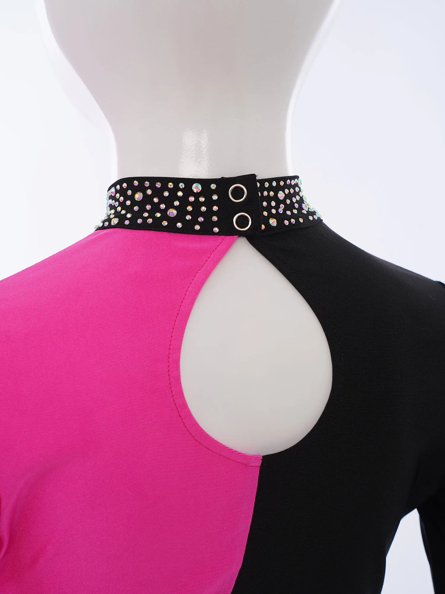 Kids Girls Lyrical Dance Top Gymnastics Figure Skating Dancewear Long Sleeve Keyhole Back Color Block Shiny Rhinestones Crop Top