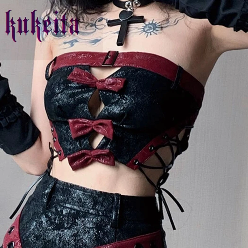 Harajuku Gothic Punk Sexy Hollow Out Bow Lace-Up Corset Crop Tops Vest Mujer Sleeveless Bustier Women Tube Top Camis